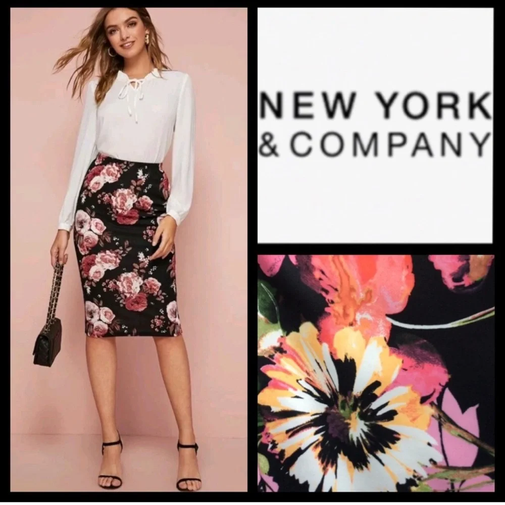New York &Co 7thAve. MIDI Length Pencil Skirt Dark Floral Size 8 - Picture 14 of 14